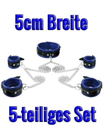 Leder-Bondageset Hals-Hand-Fussfessel - 5cm blau 