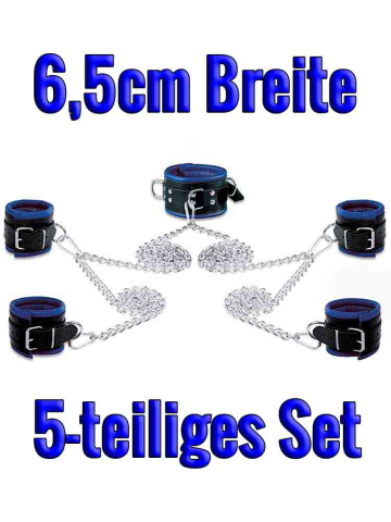 Leder-Bondageset Hals-Hand-Fussfessel - 6,5cm blau 